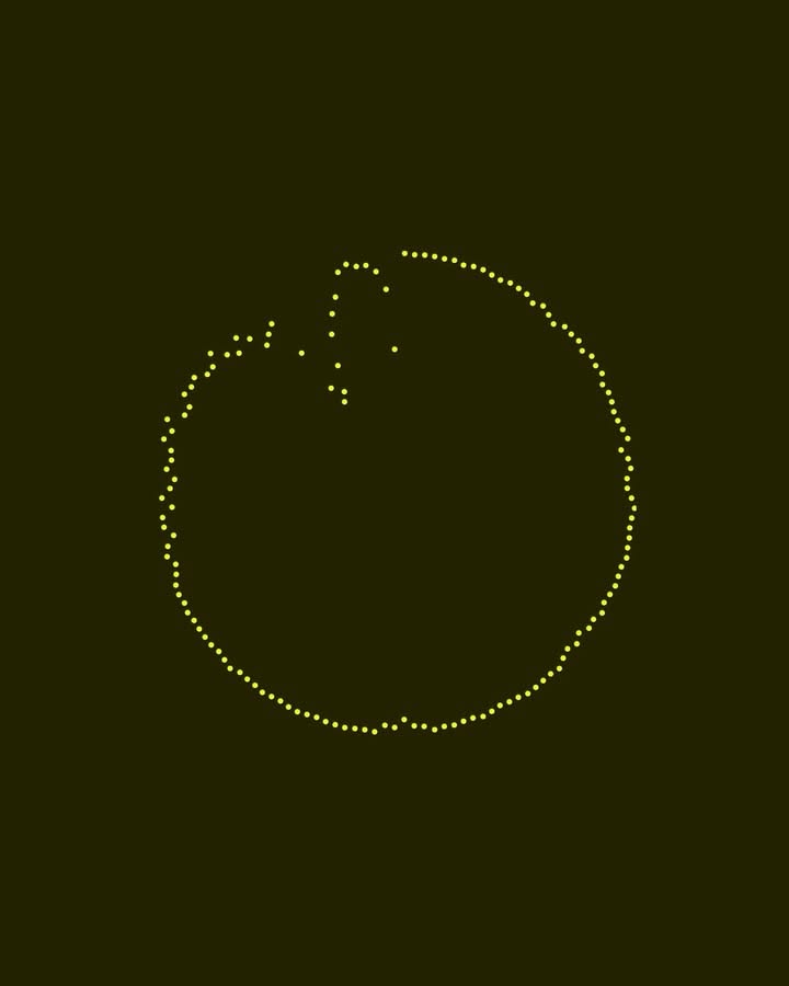 The image features a minimalist, abstract composition consisting of numerous small, scattered dots forming an irregular circular shape against a dark background. The visual language is delicate and sparse, relying entirely on the distribution and density of these points to create form.