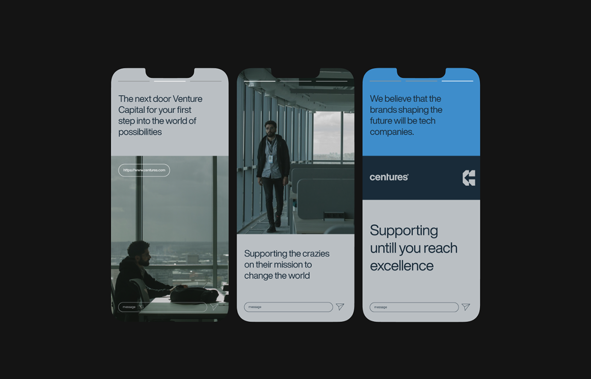 The image displays a set of mobile screen mockups, likely for a startup or venture capital firm, characterized by a clean, minimalist aesthetic. The design uses ample white space and a monochromatic palette to convey professionalism and seriousness.