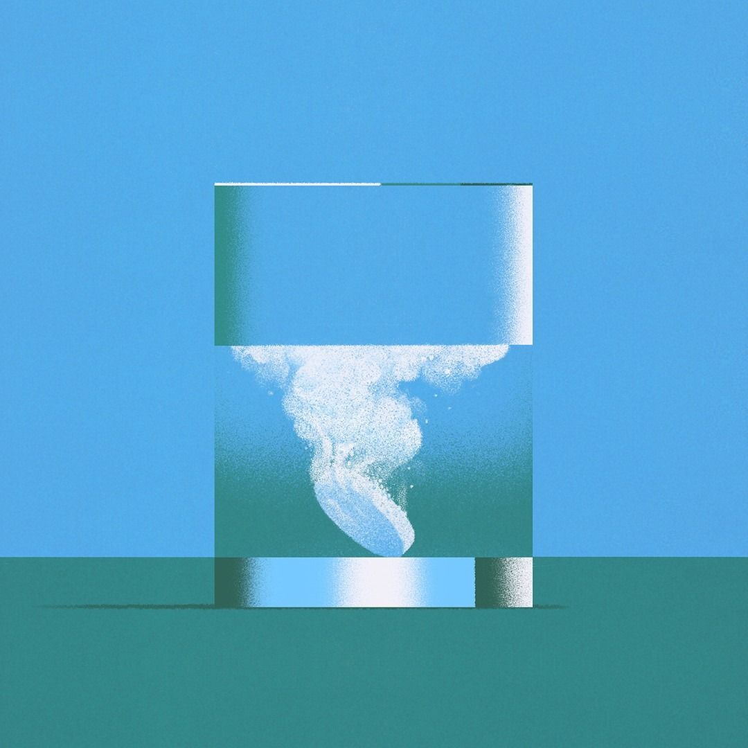 This image features a clean, minimalist rendering of a vertical glass container, emphasizing transparency and fluid dynamics through smooth gradients. The visual language relies on cool tones and sharp geometric forms to create a sense of scientific precision and modern abstraction.