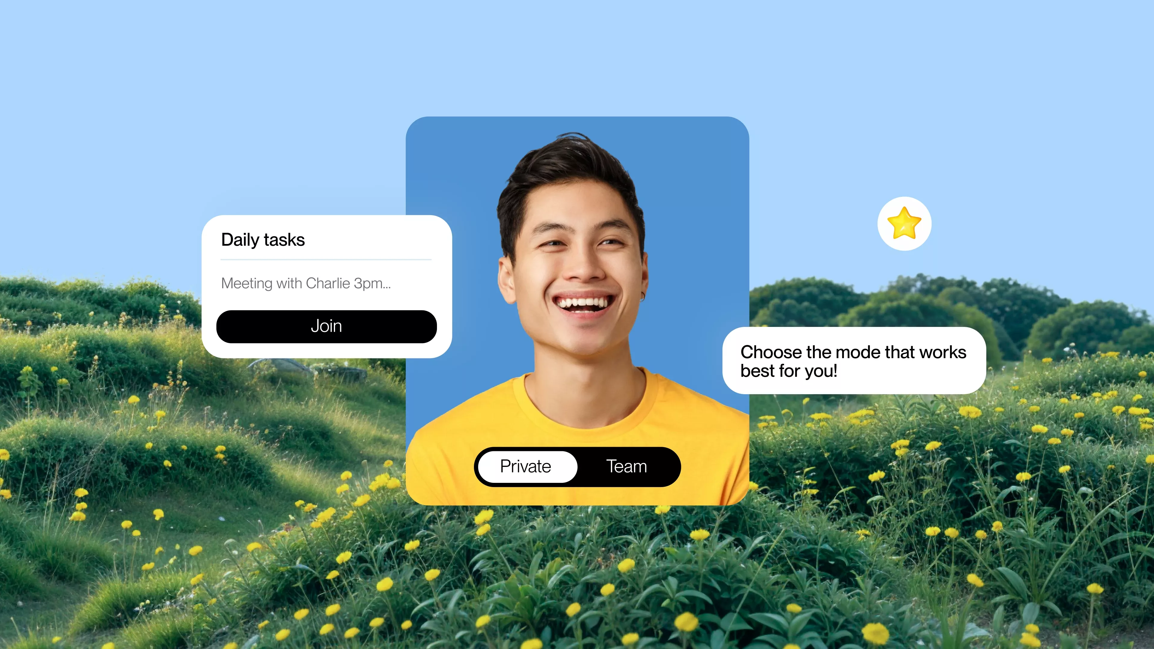 The image presents a clean, modern user interface mockup overlaid on a natural, outdoor background. The design uses soft blues and greens to create a calm, professional, and inviting atmosphere suitable for productivity or team interaction tools.