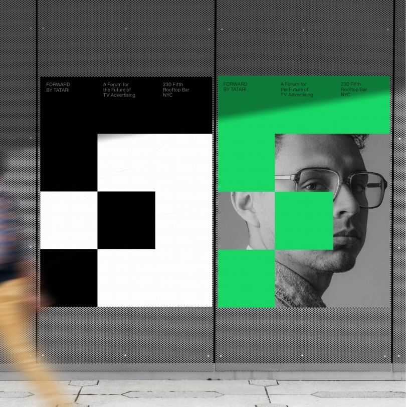 This design utilizes a stark, minimalist aesthetic, employing strong geometric grids and high contrast between black, white, and a vibrant lime green accent. The composition effectively juxtaposes abstract graphic elements with a realistic photographic portrait, creating a modern and intellectually engaging visual dialogue.