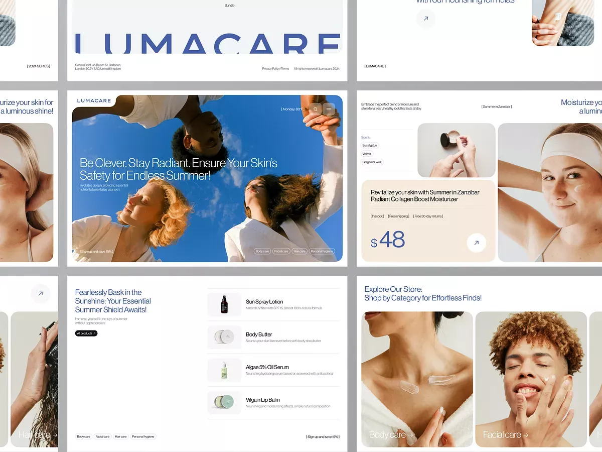 The image displays a clean, modern e-commerce or skincare brand interface characterized by bright, airy photography and minimalist layouts. The design emphasizes product benefits through clear imagery and concise text, conveying a sense of professional efficacy and natural beauty.