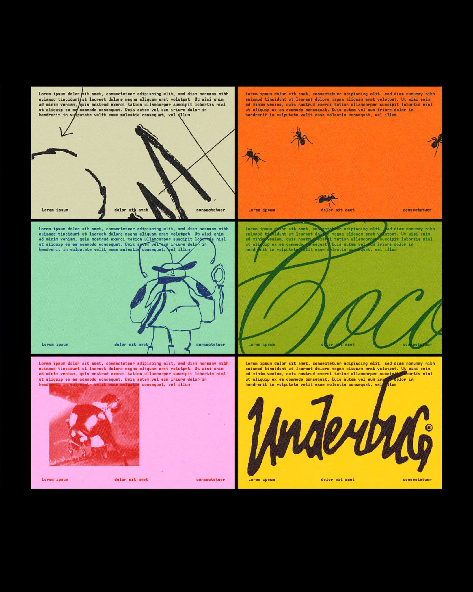This image presents an experimental collage of disparate graphic elements, mixing stark text, abstract mark-making, and simple illustrations across varied color fields. The visual language is raw and high-contrast, suggesting a blend of traditional typography with gestural, hand-drawn techniques.
