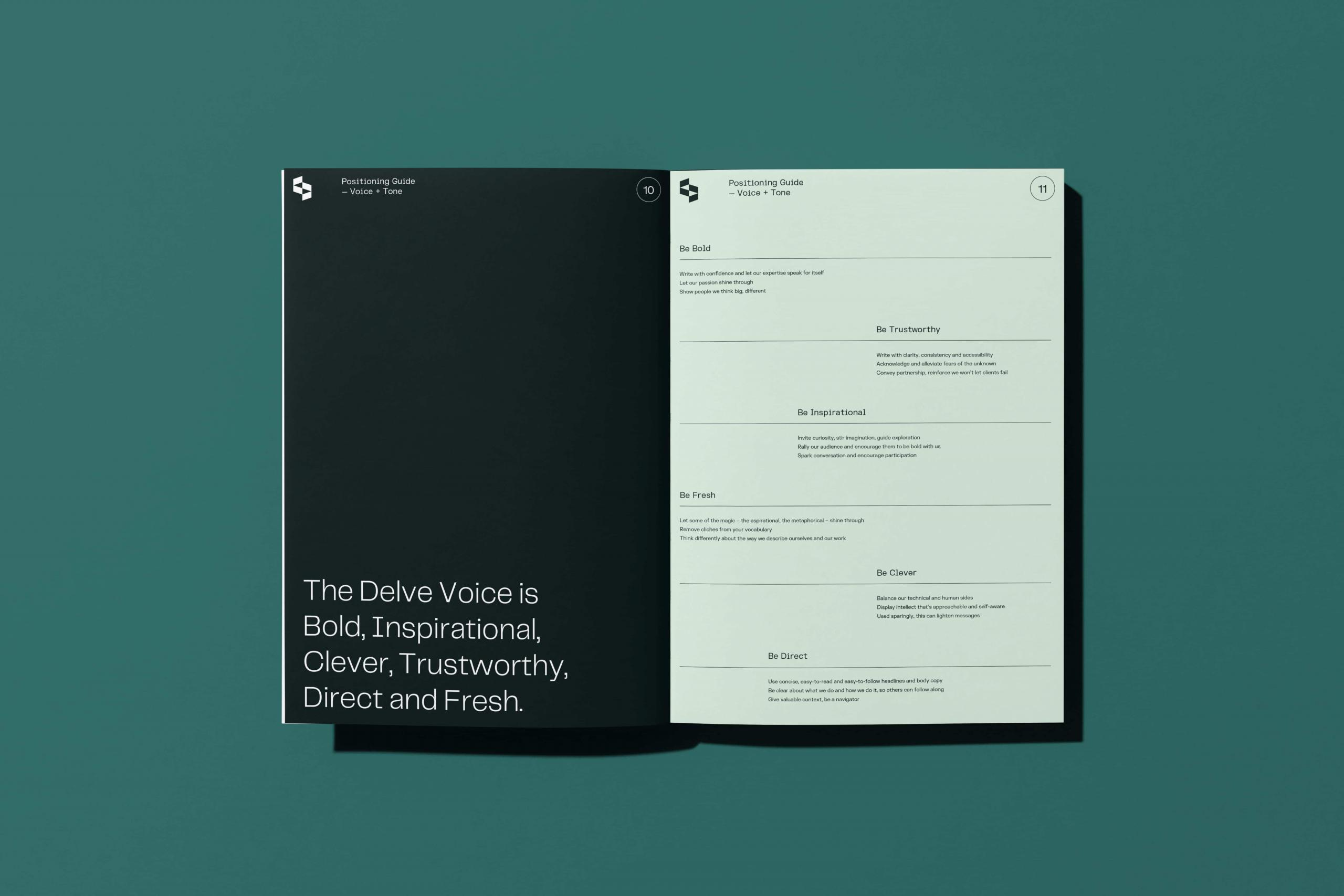 This design utilizes a clean, minimalist aesthetic with high contrast to present detailed guidelines. The visual language is highly structured and professional, emphasizing clarity and organization in the presentation of brand voice characteristics.