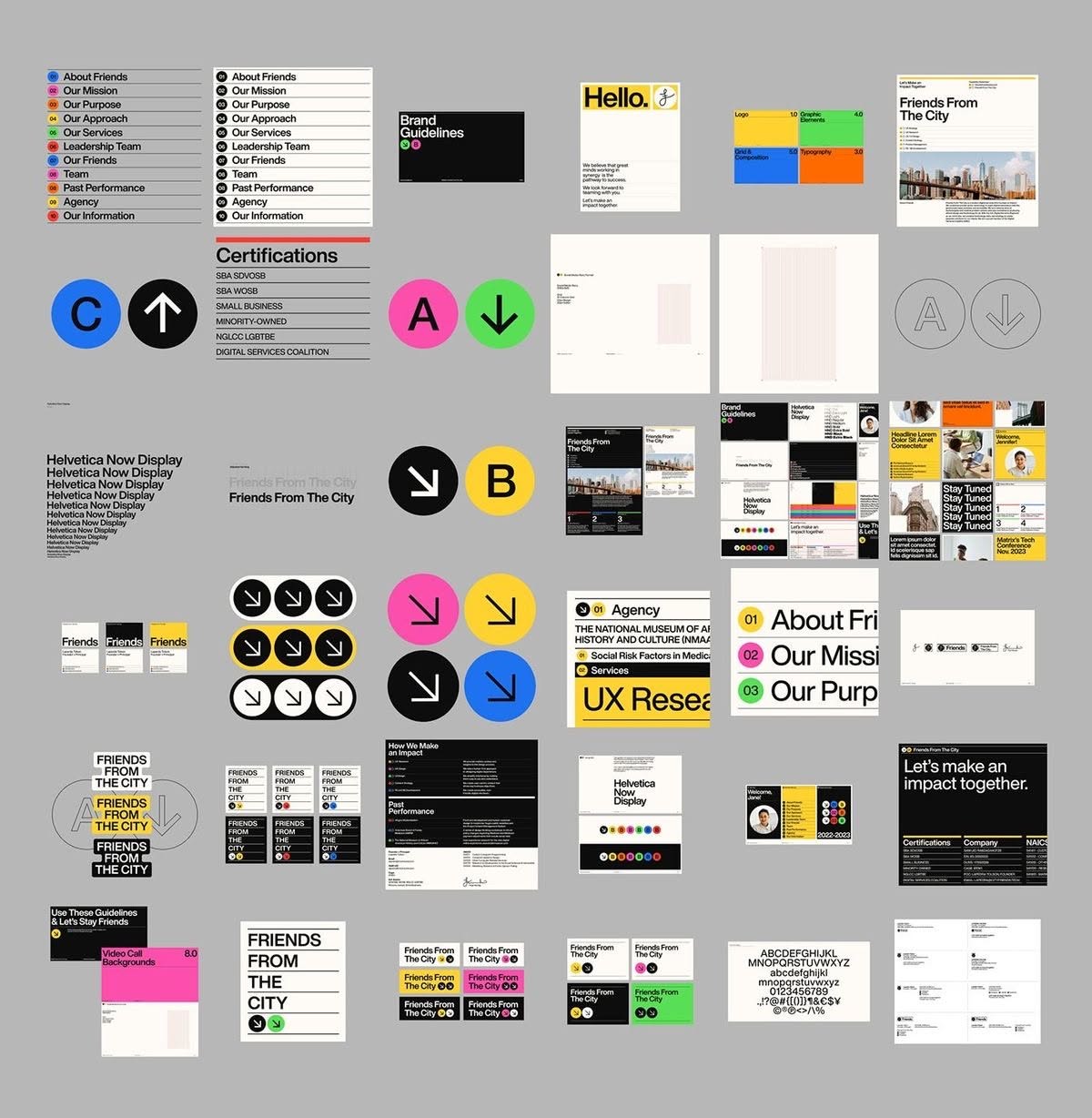 A comprehensive design system showcase featuring a modern, modular brand identity with bold geometric elements and a vibrant color palette. The layout demonstrates consistent application of typography, iconography, and color coding across multiple touchpoints including web, print, and digital interfaces. The design language emphasizes clarity, hierarchy, and contemporary minimalism with strategic use of bright accent colors against neutral backgrounds.