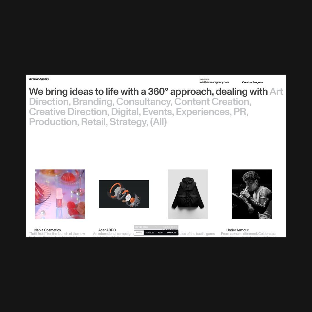 The image is a text-heavy promotional graphic, likely for a creative agency, using a clean, minimalist layout dominated by white space. The design relies on strong typography to list diverse service offerings against a stark background, conveying professionalism and comprehensive capability.