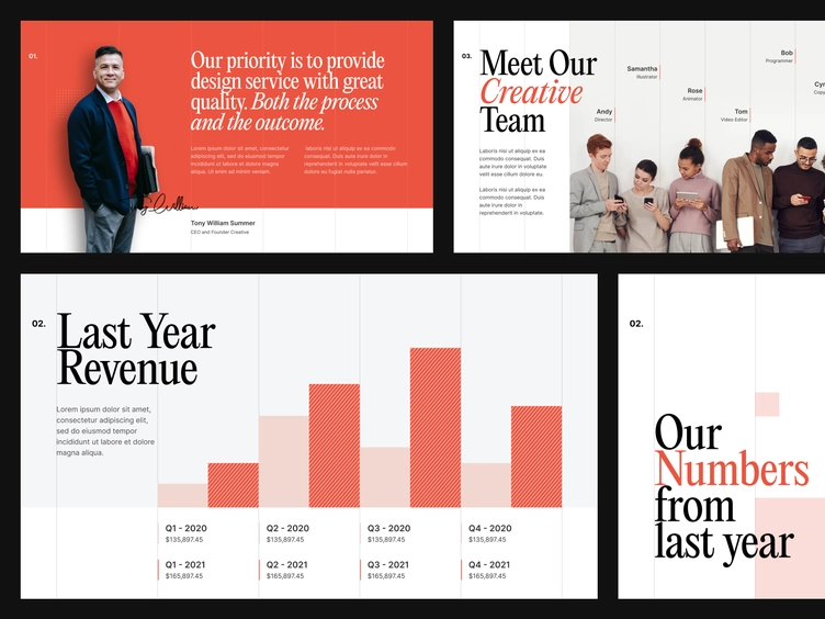 This presentation utilizes a clean, corporate visual language characterized by strong typography and structured layouts. The design effectively conveys professionalism and transparency through the use of clear data visualization and professional photography.