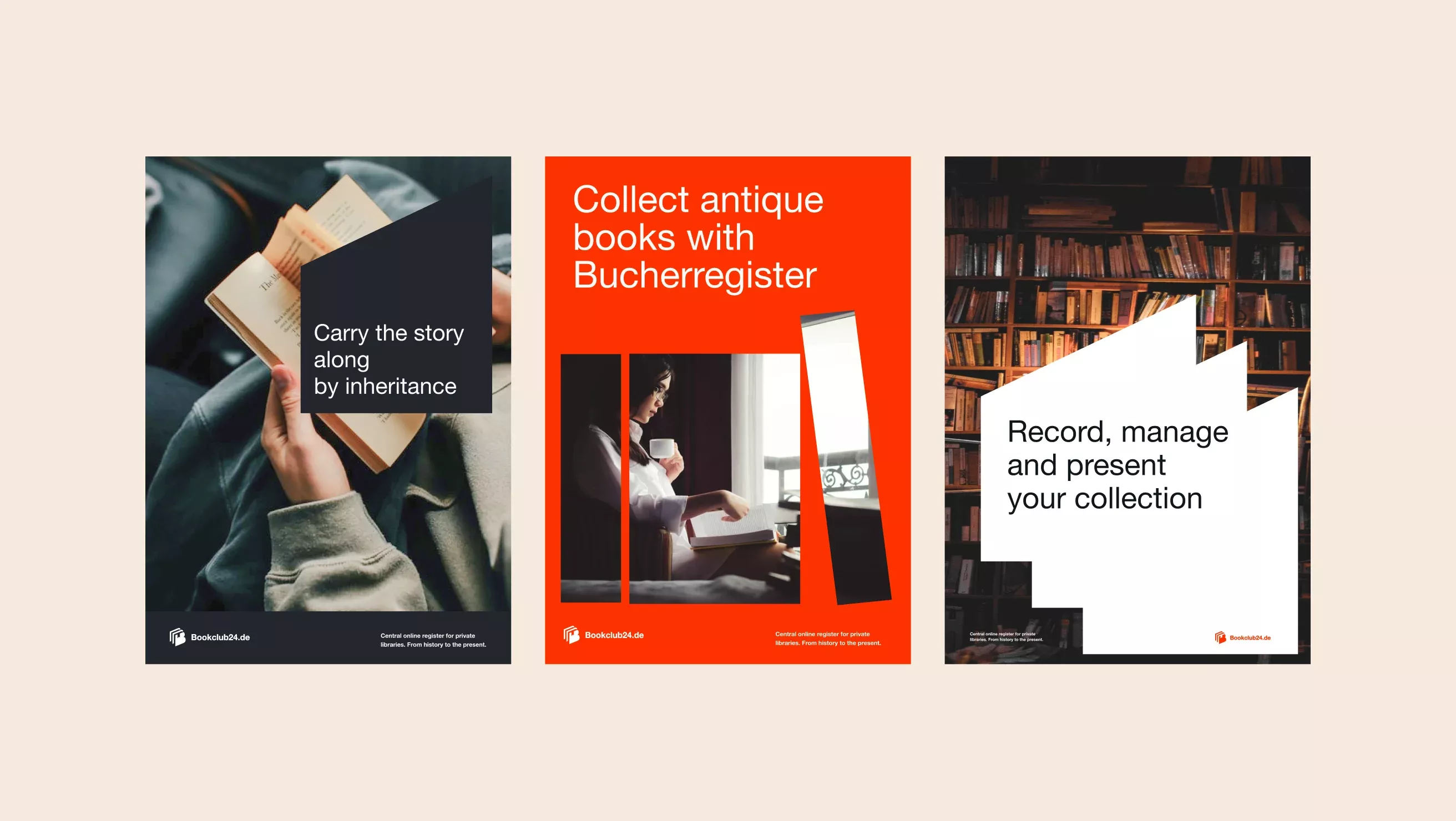 The image presents a clean, modern, and sophisticated visual identity, likely for a heritage or antique book collection service. It uses strong contrasts between dark, rich tones and bright, warm accents to convey trust and the value of inherited items.