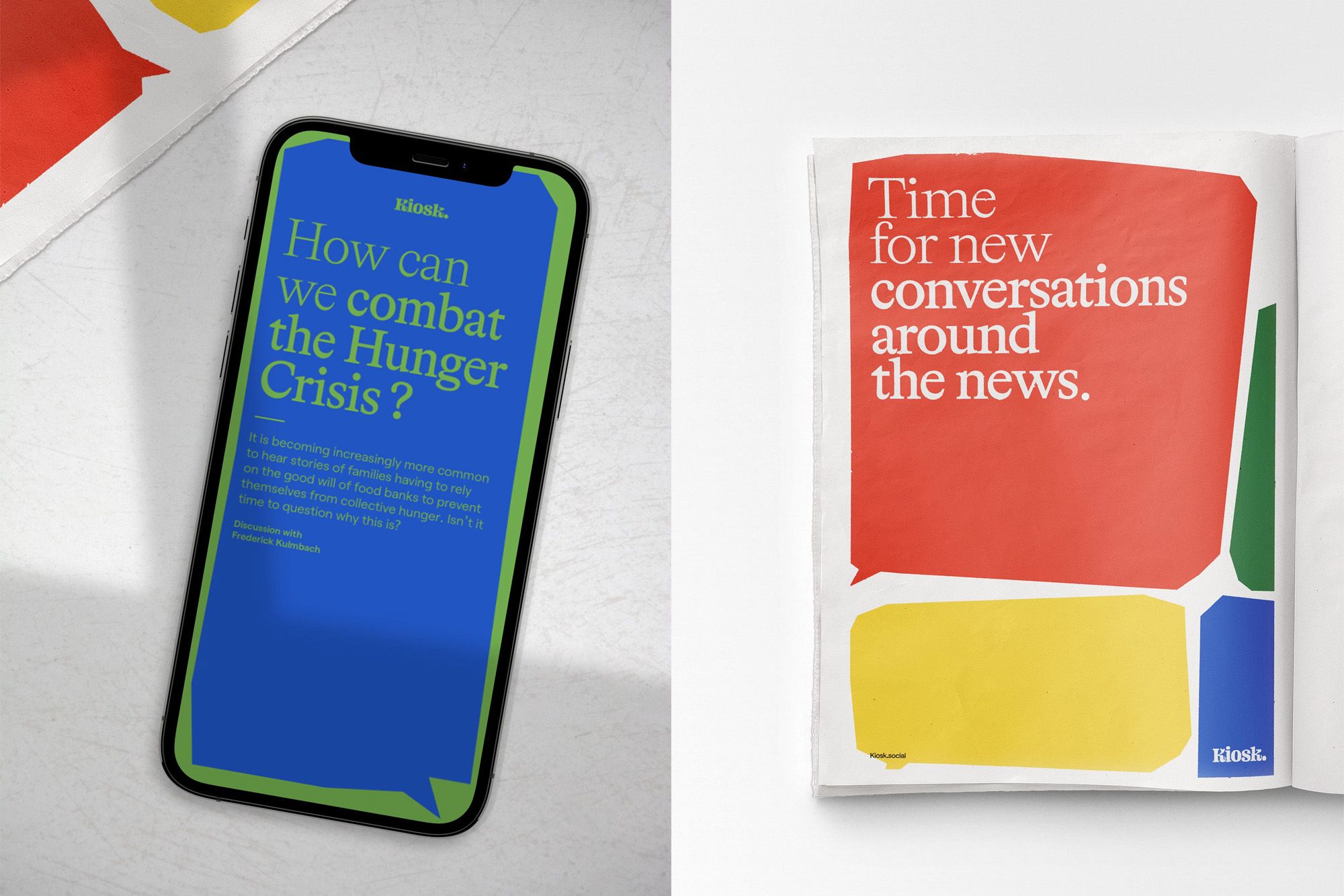 The image presents a clean, modern design contrasting a digital interface (smartphone screen) with a physical publication layout. The visual language is direct and informative, using strong color blocking to separate key information.