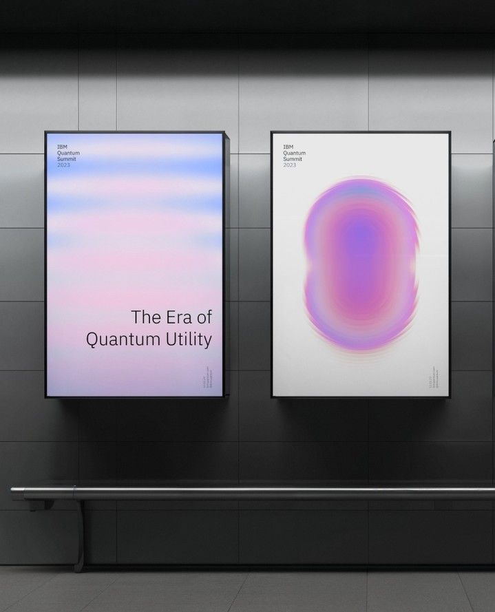 A contemporary gallery installation featuring two minimalist posters with soft gradient aesthetics and modern typography. The design employs pastel color transitions and abstract organic forms, reflecting a sophisticated approach to digital-age visual communication. The presentation emphasizes clean spacing and refined restraint within an institutional setting.