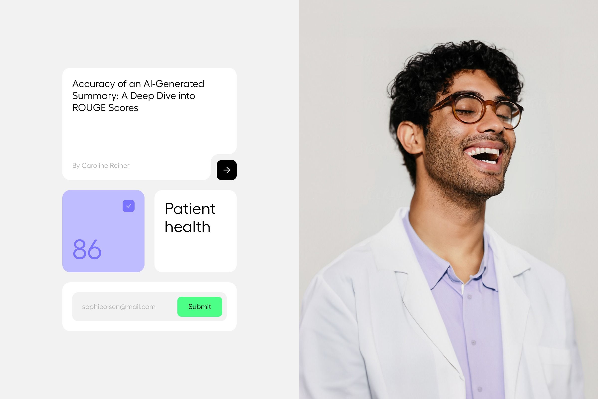 This design effectively combines clean data visualization with professional portrait photography to establish credibility. The visual language is modern and minimalist, using restrained colors and ample white space to ensure clarity and focus on the subject matter.
