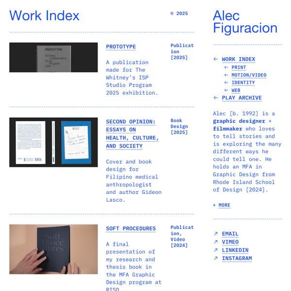 This work index presents a highly organized and professional portfolio structure, utilizing ample white space to ensure readability. The visual language is clean, academic, and functional, prioritizing clear information hierarchy over elaborate decoration. The overall feel is serious, competent, and research-oriented.
