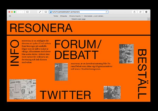 The design is bold and direct, utilizing a high-contrast orange background to present navigation options clearly. It employs a strong grid structure with distinct blocks for different sections, conveying an institutional or educational tone.