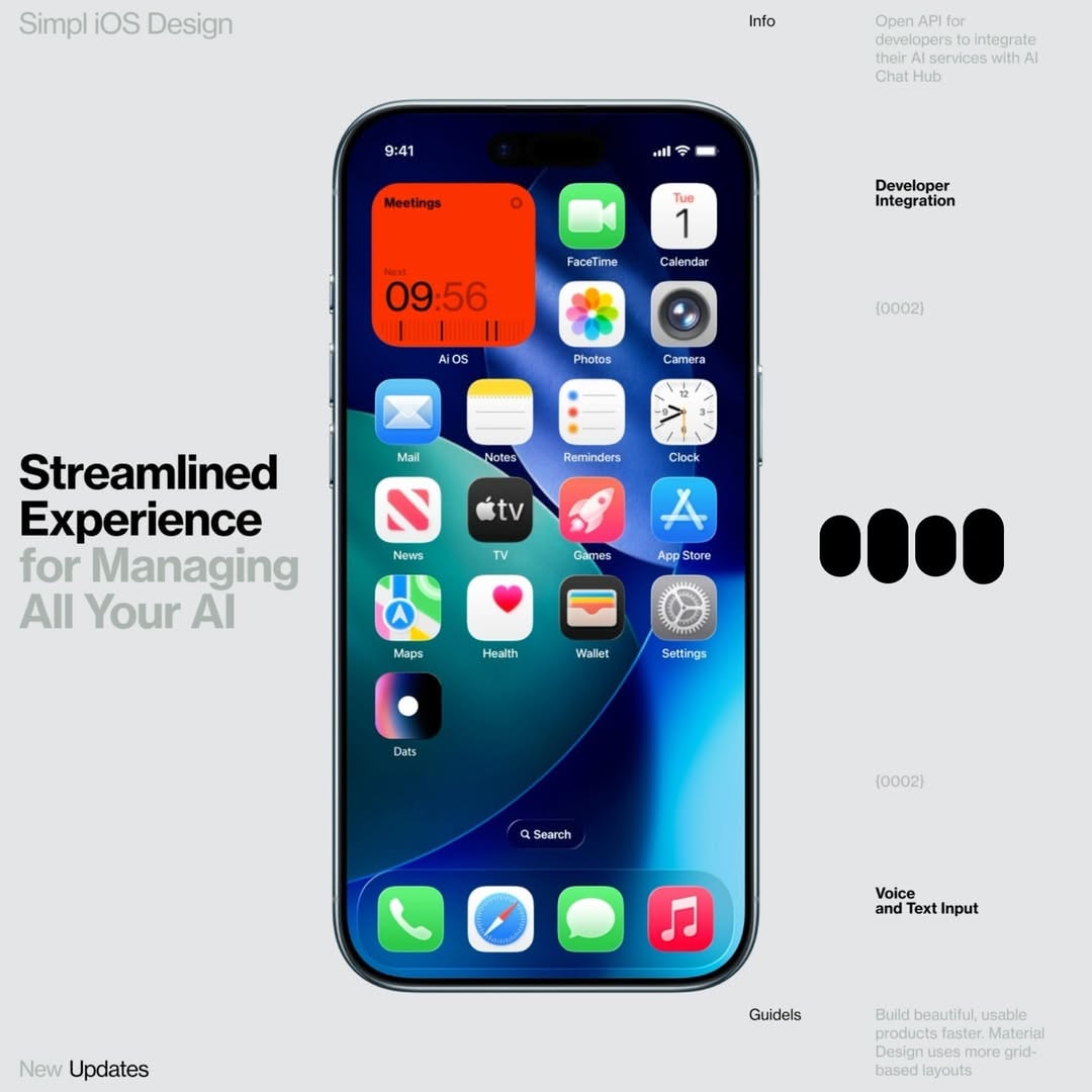 A modern iOS interface design mockup showcasing a streamlined app management system with a gradient dark-to-blue background and colorful app icons. The layout demonstrates a clean, minimalist approach to digital product design with contemporary typography and organized information hierarchy.