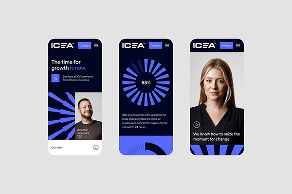 This set of mockups presents a clean, modern user interface design characterized by strong geometric elements and a professional tone. The visual language relies heavily on deep blues to convey trust and data-driven success, creating a cohesive and authoritative brand identity.