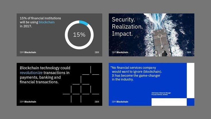 The image presents a series of three distinct, dark-themed informational slides or cards, likely from a presentation deck. The design is clean, modern, and uses negative space effectively to highlight key statistics and concepts related to blockchain technology. The visual language is corporate and technical, relying on simple geometric shapes and high contrast.