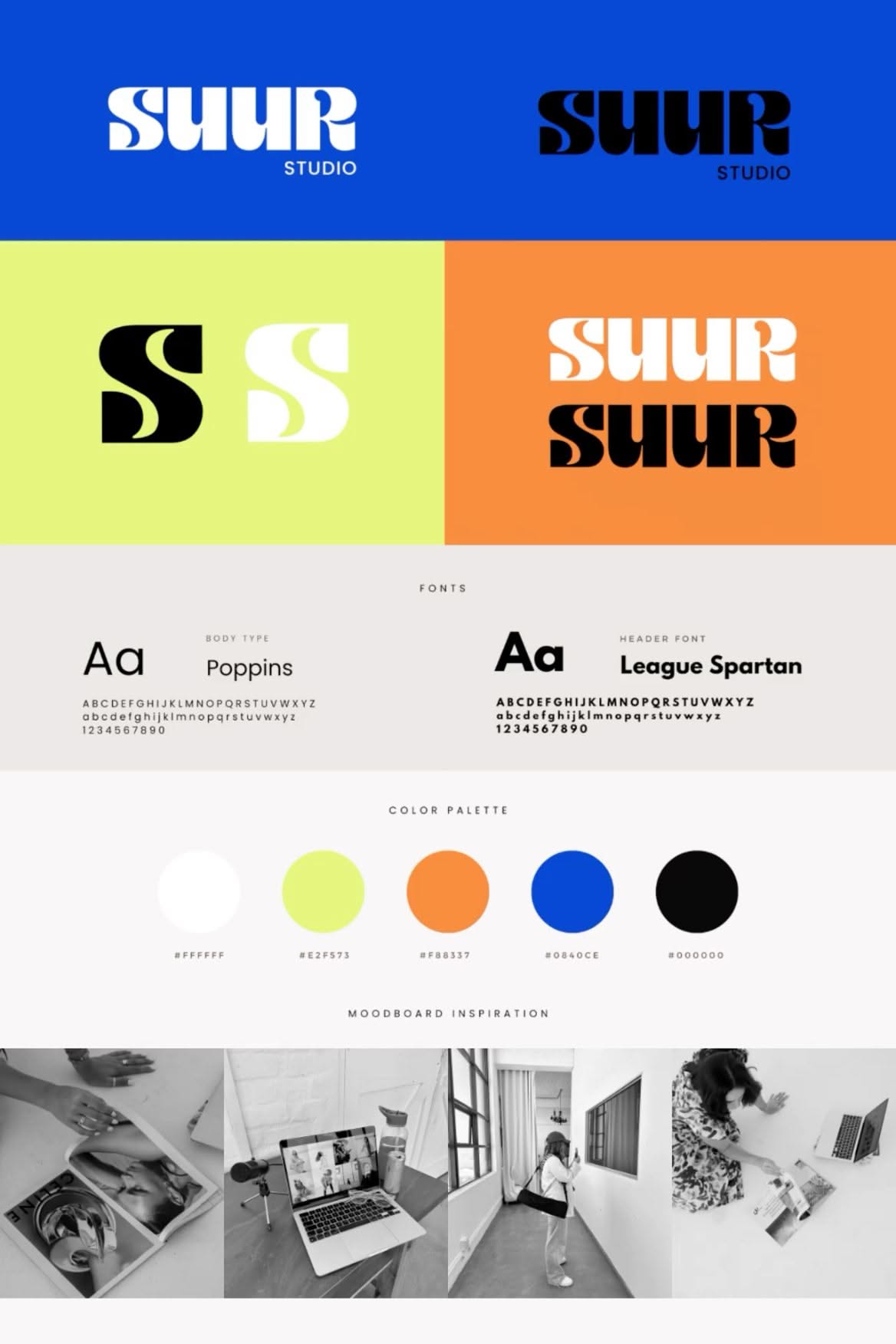 This is a clean, modern presentation showcasing branding elements for a studio, characterized by strong geometric shapes and high contrast. The visual language is minimalist and structured, emphasizing clarity and professional precision through bold typography and a limited color palette.