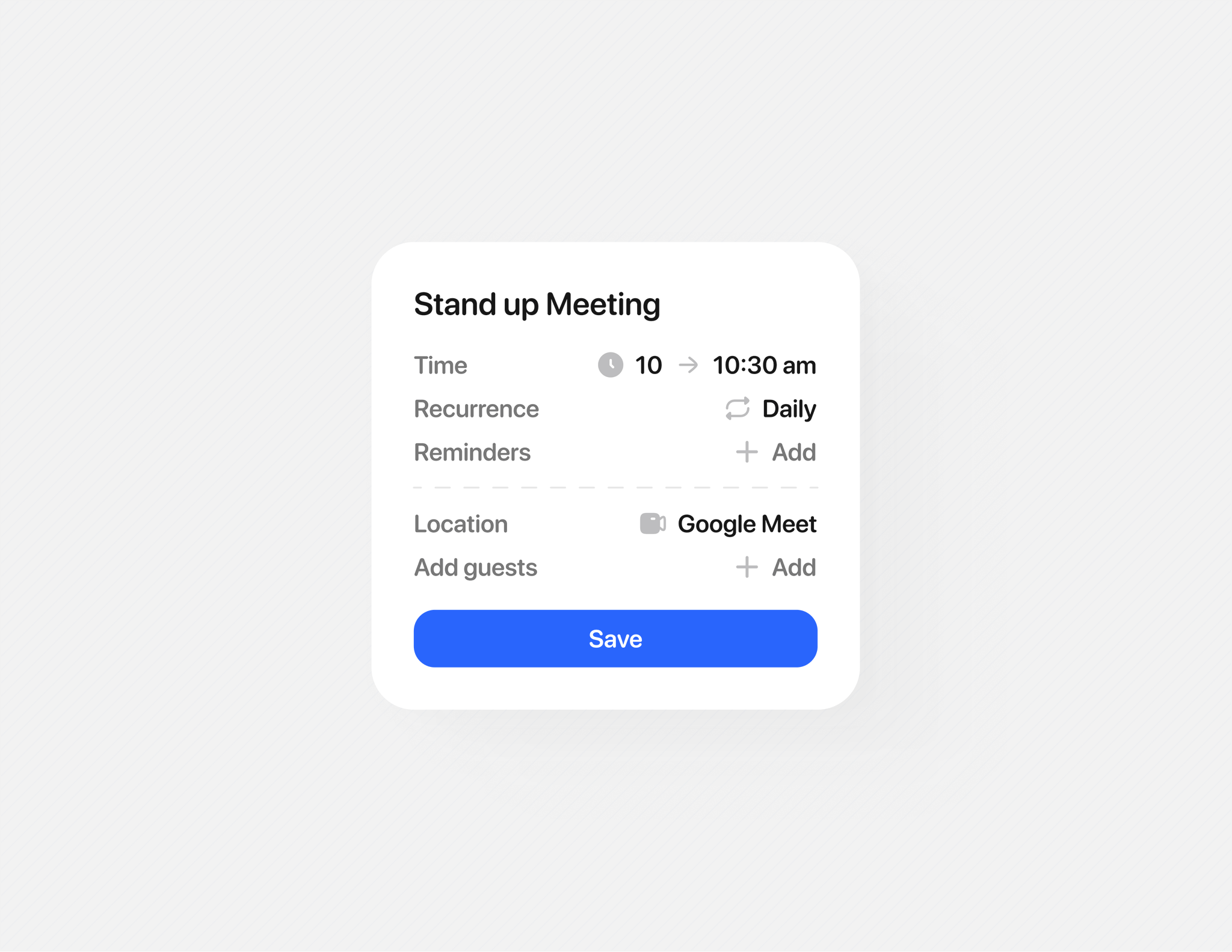 This interface features a clean, modern design utilizing ample white space and clear hierarchy to present scheduling options. The visual language is minimalist and functional, prioritizing ease of input and readability for time-sensitive information. It conveys a sense of organized productivity and straightforward task management.