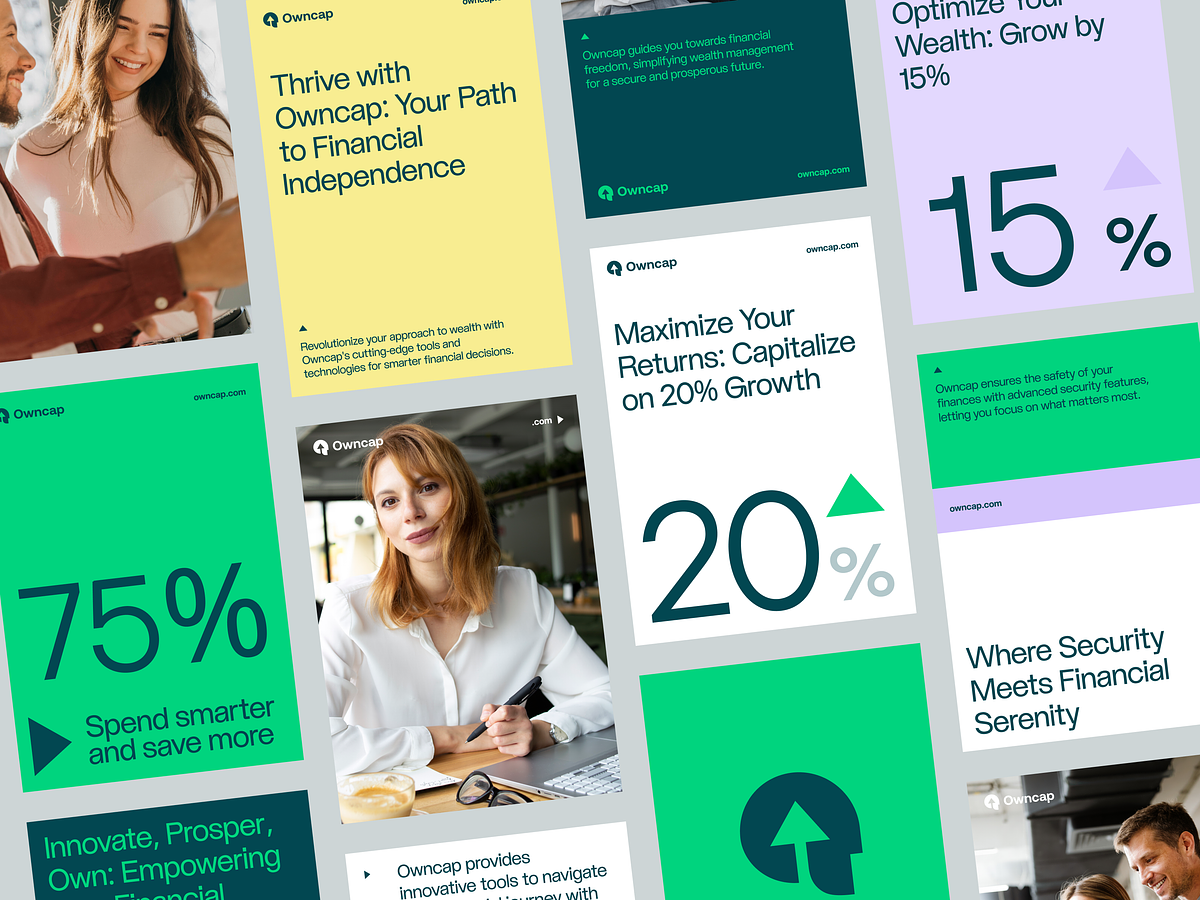 This design utilizes a modern, modular grid structure to present complex financial information in a highly digestible and visually appealing way. The visual language is clean, relying on strong contrasting colors and clear data visualization to convey trust and growth potential.