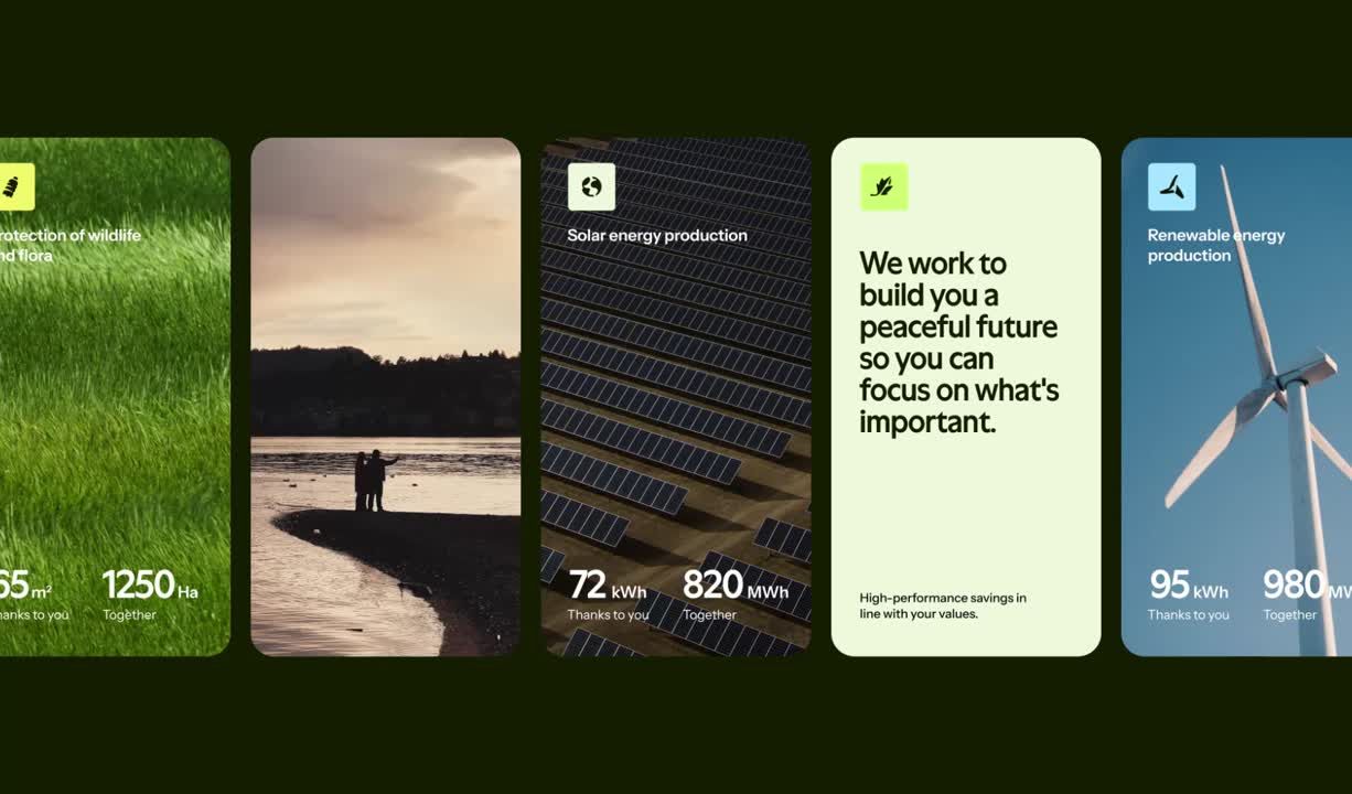 The image displays a series of clean, modern, and nature-focused cards or panels, utilizing high-contrast photography and minimalist typography to convey environmental or energy statistics. The design is structured linearly, emphasizing clear data presentation within a serene visual context.