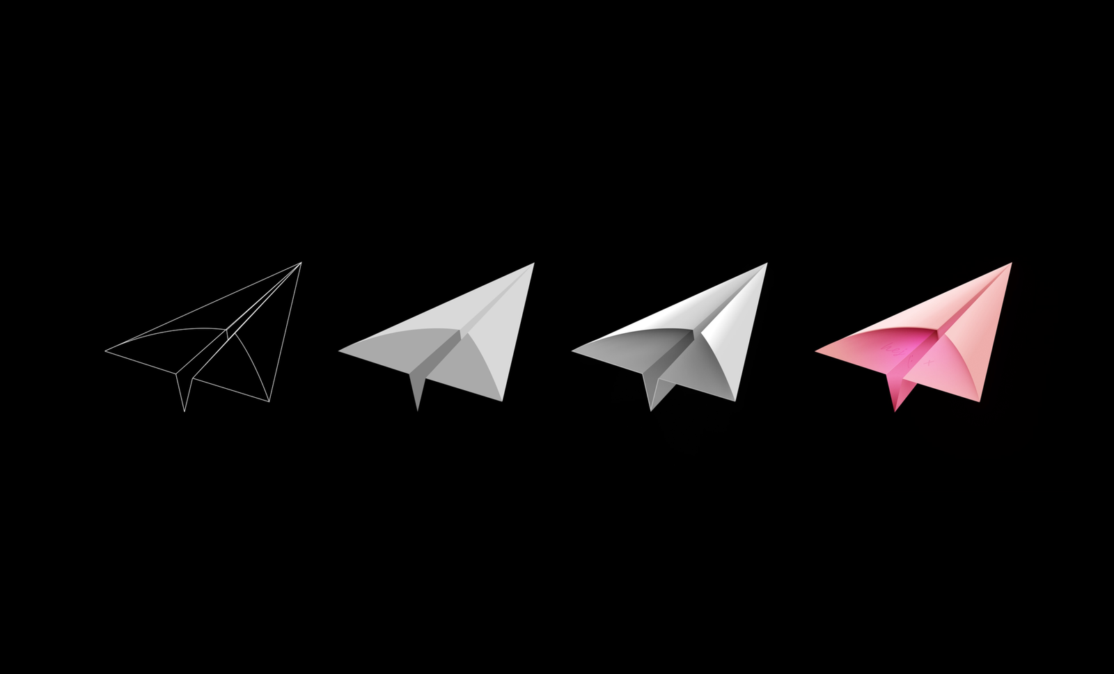This series showcases a compelling exploration of minimalist geometric forms, specifically stylized paper airplanes. The designs transition smoothly from precise wireframes to solid volumetric shapes, demonstrating mastery in line work and subtle color gradients against a stark background.