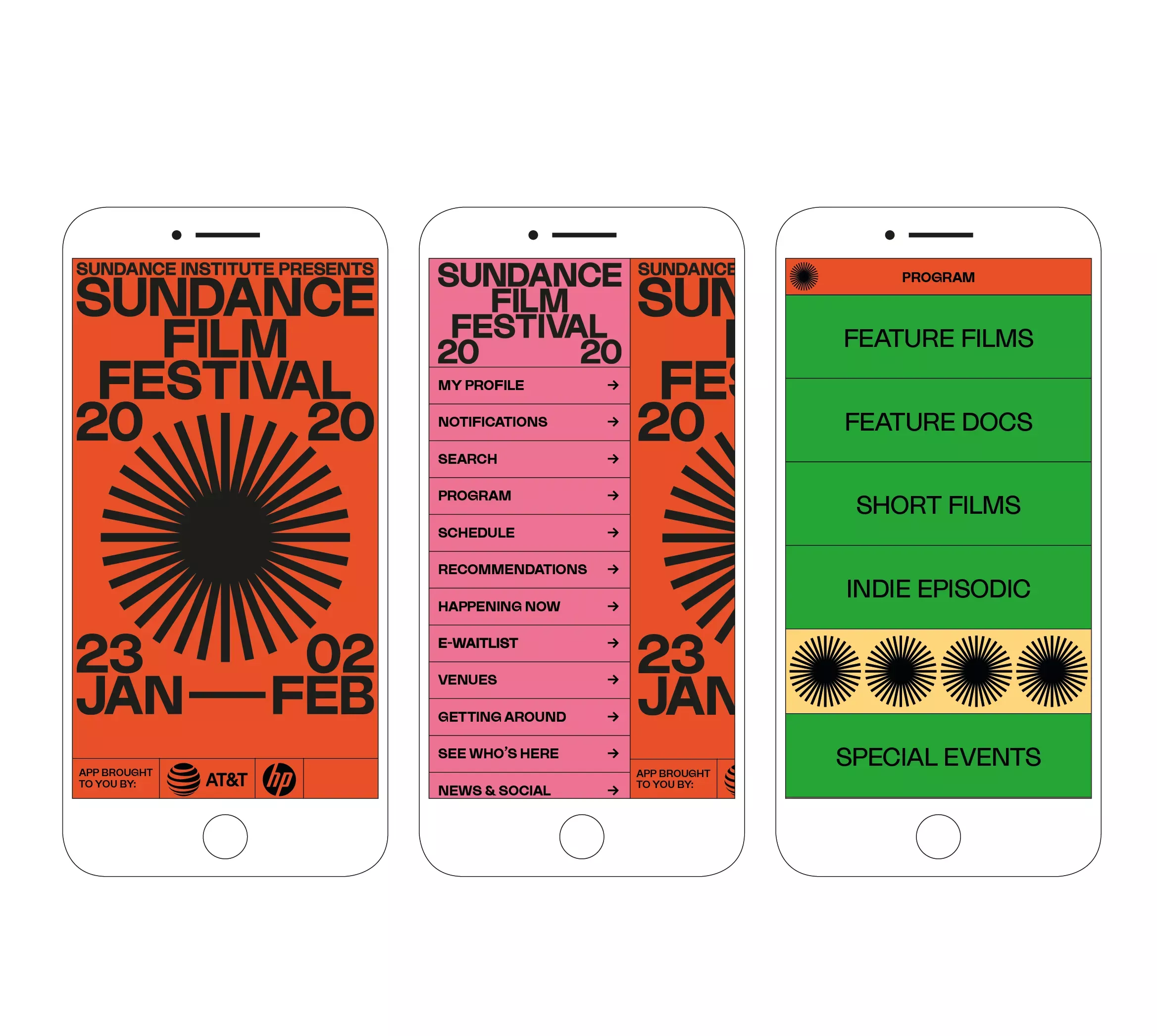 The design presents a clean, modern, and highly structured visual identity for an event (Surdance Film Festival), utilizing strong color blocking and clear hierarchy. The layout is organized into distinct vertical panels, suggesting a professional and informative approach to presenting festival details.