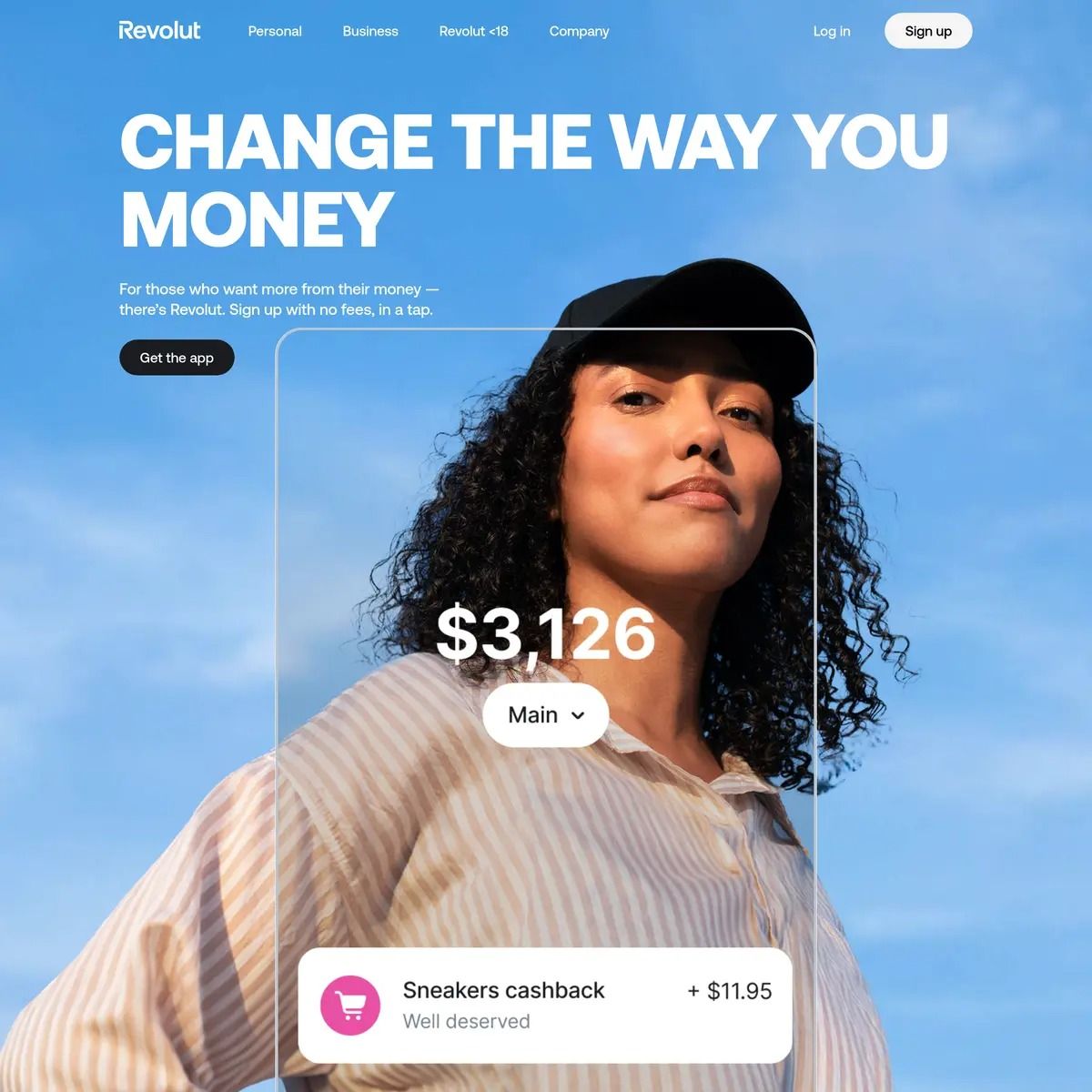 The image features a clean, bright, and modern design typical of a fintech application, using a strong visual focus on the user's face alongside clear value propositions. The layout is dominated by white space and a compelling headline, creating an accessible yet professional feel.