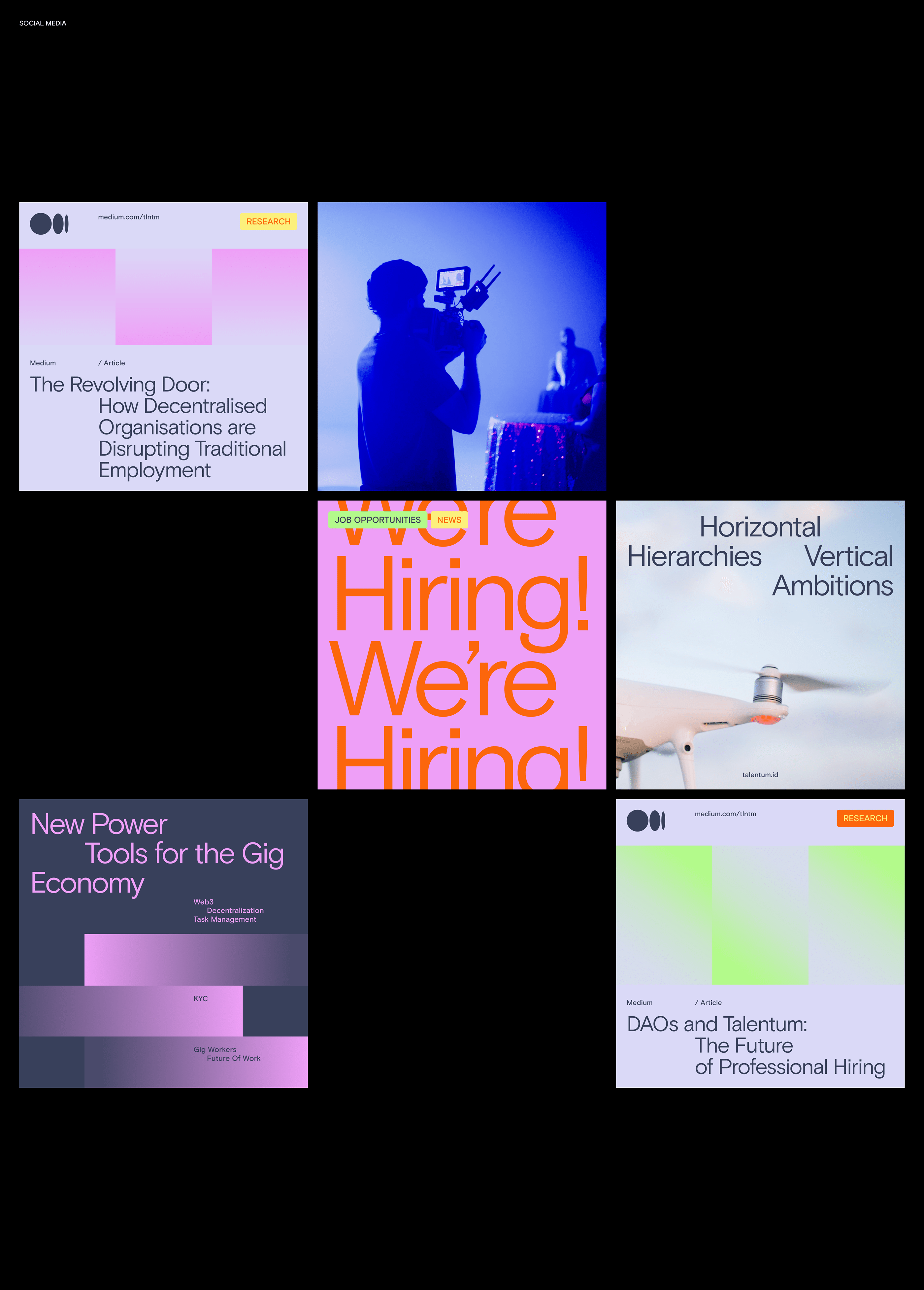 This design utilizes a dark, minimalist background punctuated by vibrant geometric shapes and bold color blocks to present various professional topics. The visual language is clean, modular, and highly contrasting, suggesting a modern, analytical approach to complex business and technological themes. The overall feel is contemporary and intellectually stimulating.