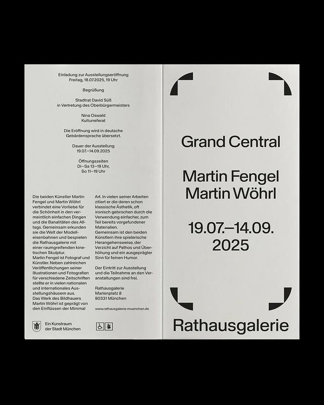 The design is minimalist, clean, and highly structured, utilizing ample white space to create a sense of formality and clarity. The layout is dominated by strong vertical alignment and precise typography, conveying an institutional or gallery-level professionalism.