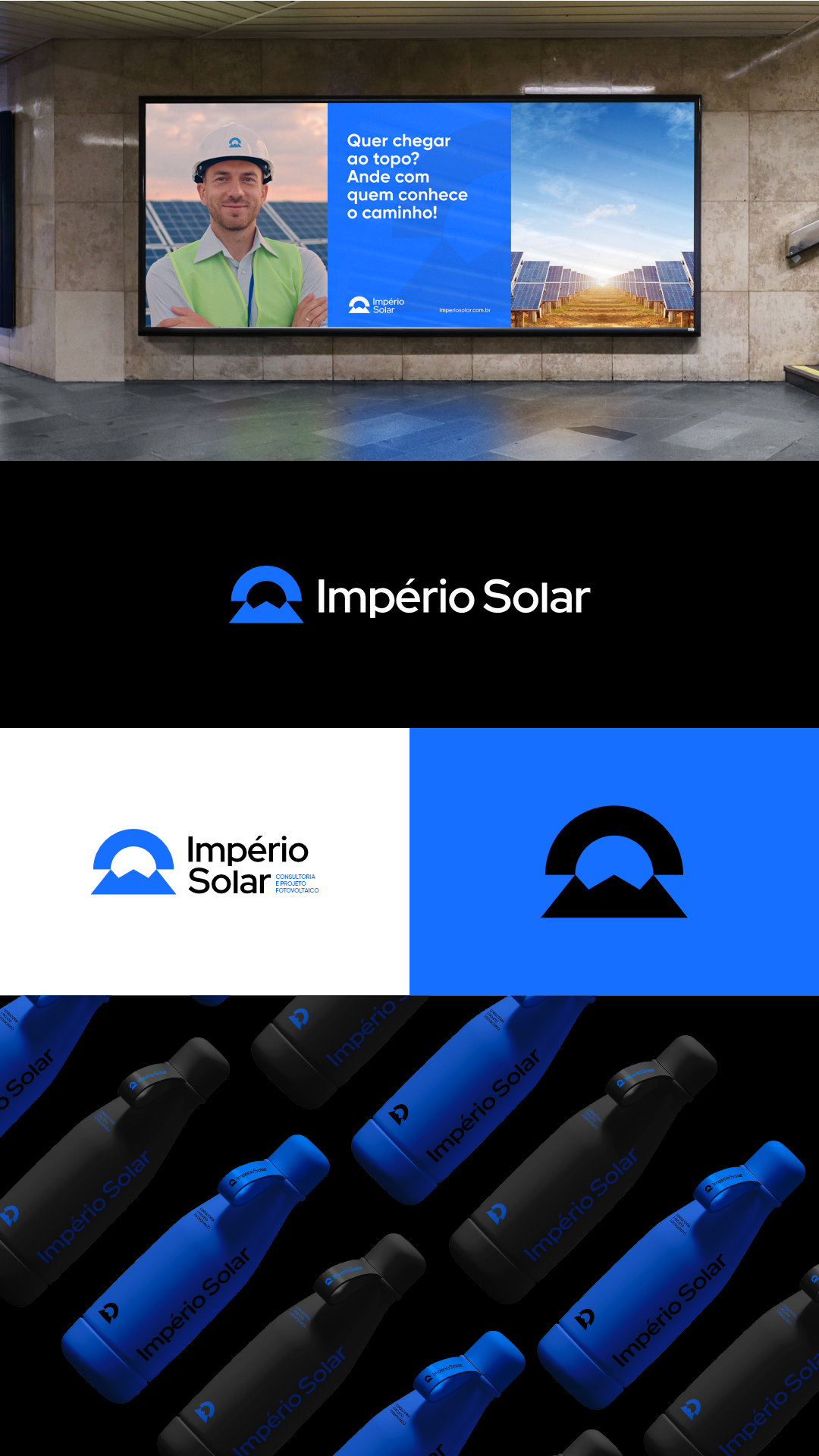 The image presents a clean, modern corporate visual identity featuring a prominent solar energy theme. It uses strong geometric shapes and a limited color palette to convey professionalism and innovation.