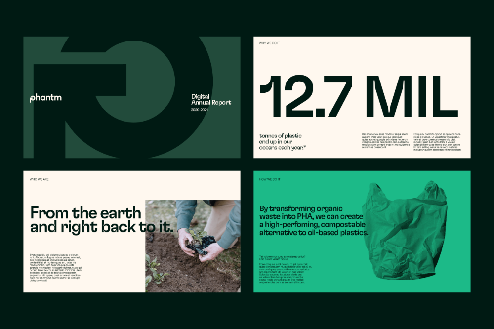 The design presents a clean, modern, and professional aesthetic, utilizing strong negative space and a limited color palette to convey a serious environmental or technical report. The layout is structured with distinct blocks of text and imagery, emphasizing clarity and corporate seriousness.