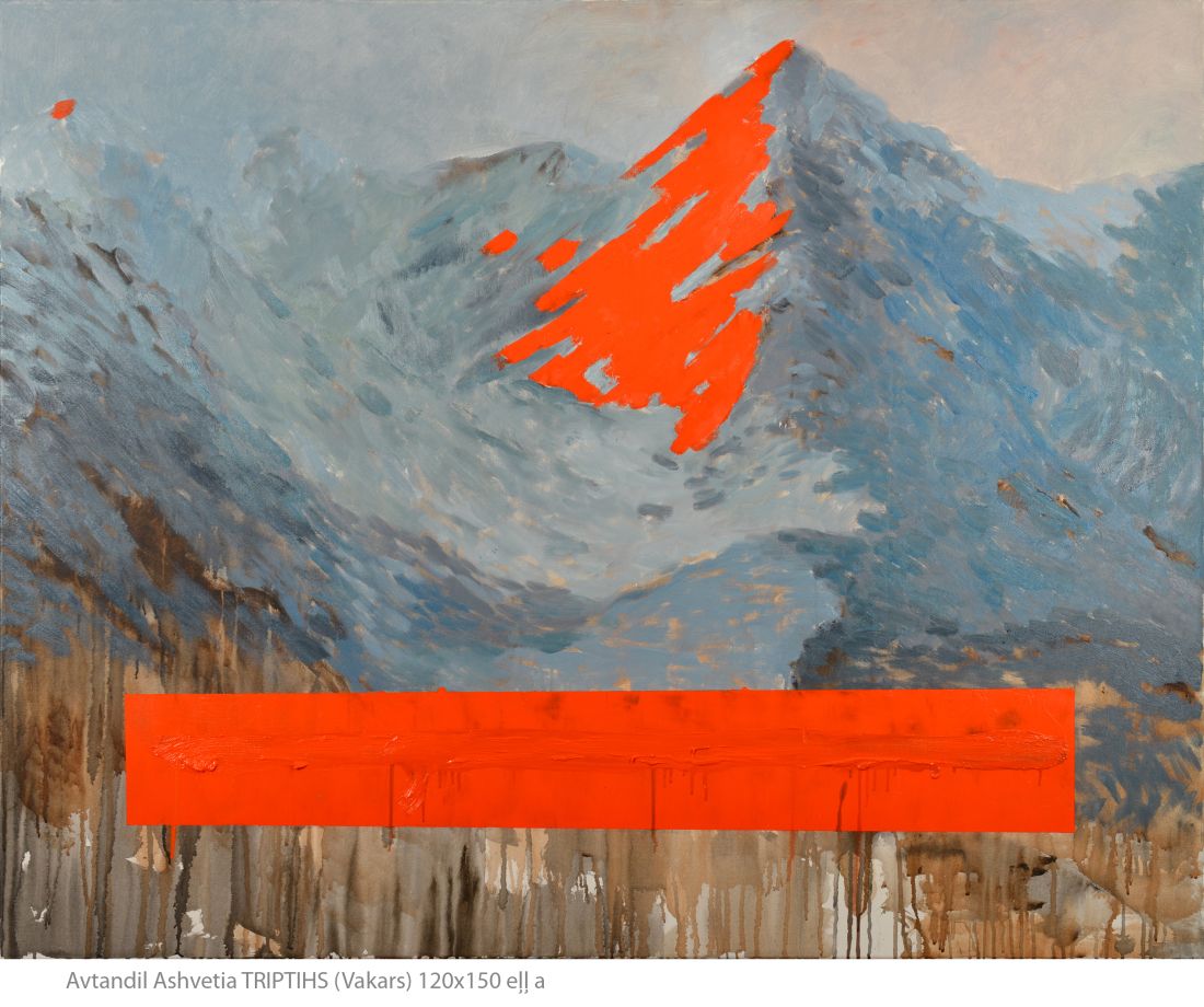 This is a dramatic landscape characterized by a stark contrast between cool, muted mountain tones and a vibrant, aggressive orange shape. The design uses bold color blocking to emphasize topographical forms and creates an immediate, high-energy visual tension.