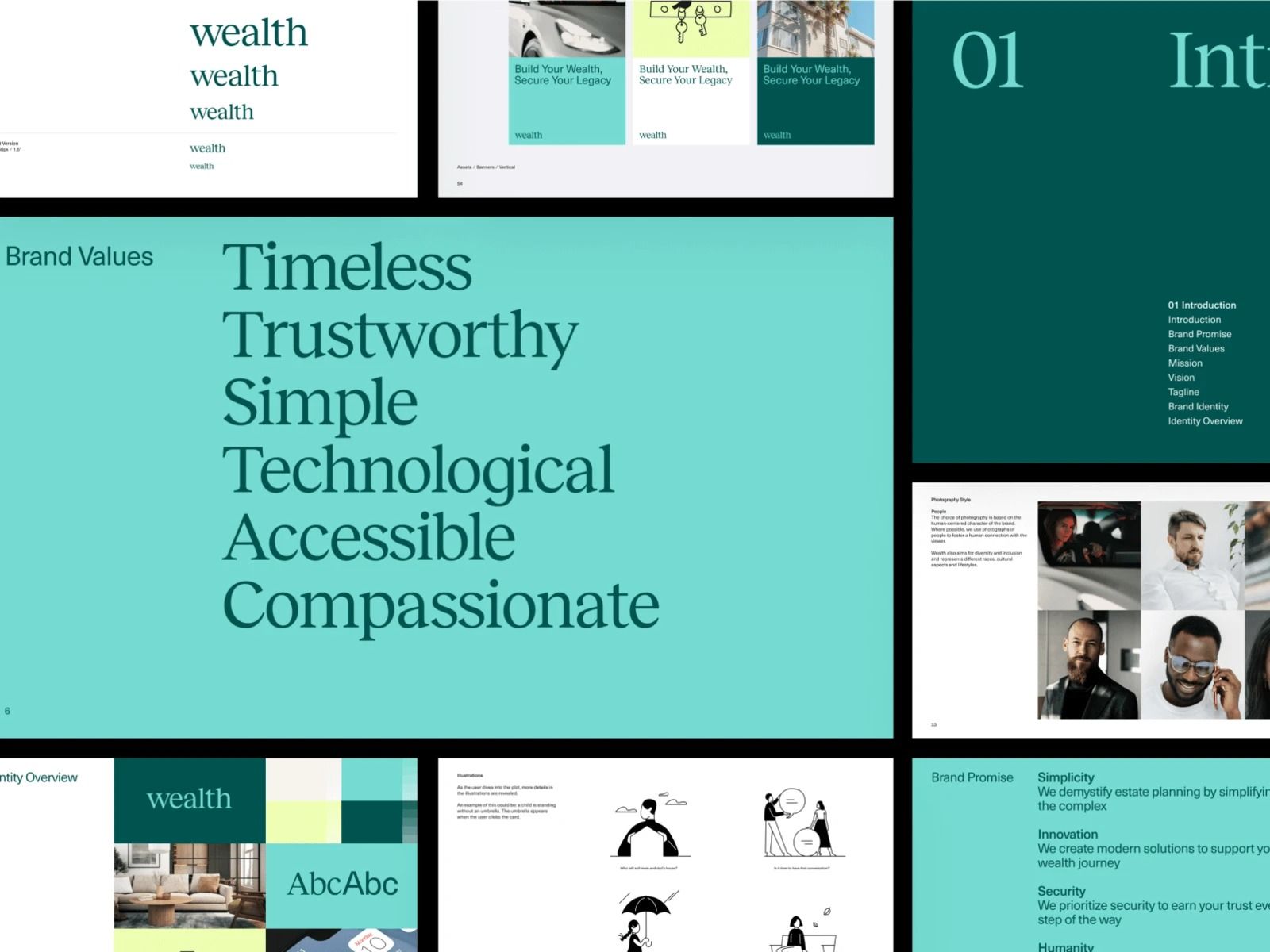 This is a highly structured, professional presentation design utilizing a clean and corporate aesthetic. The visual language emphasizes trustworthiness and clarity through ample white space and a restrained color palette, successfully conveying a sense of modern accessibility.