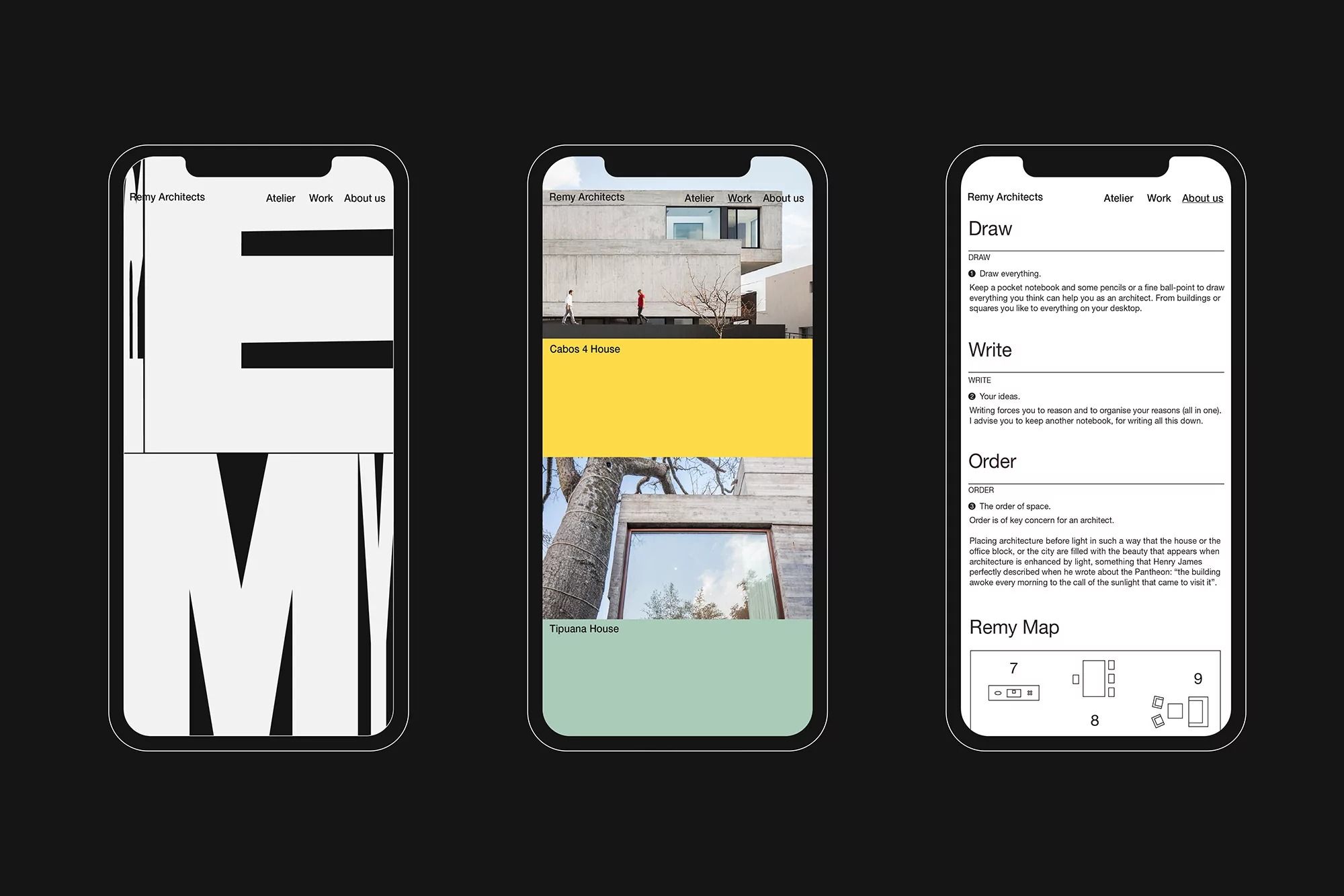 The image displays a clean, minimalist mobile application interface characterized by stark white space and high contrast. The design employs a simple, monochromatic palette with subtle use of muted greens and grays to create a sophisticated and uncluttered user experience.