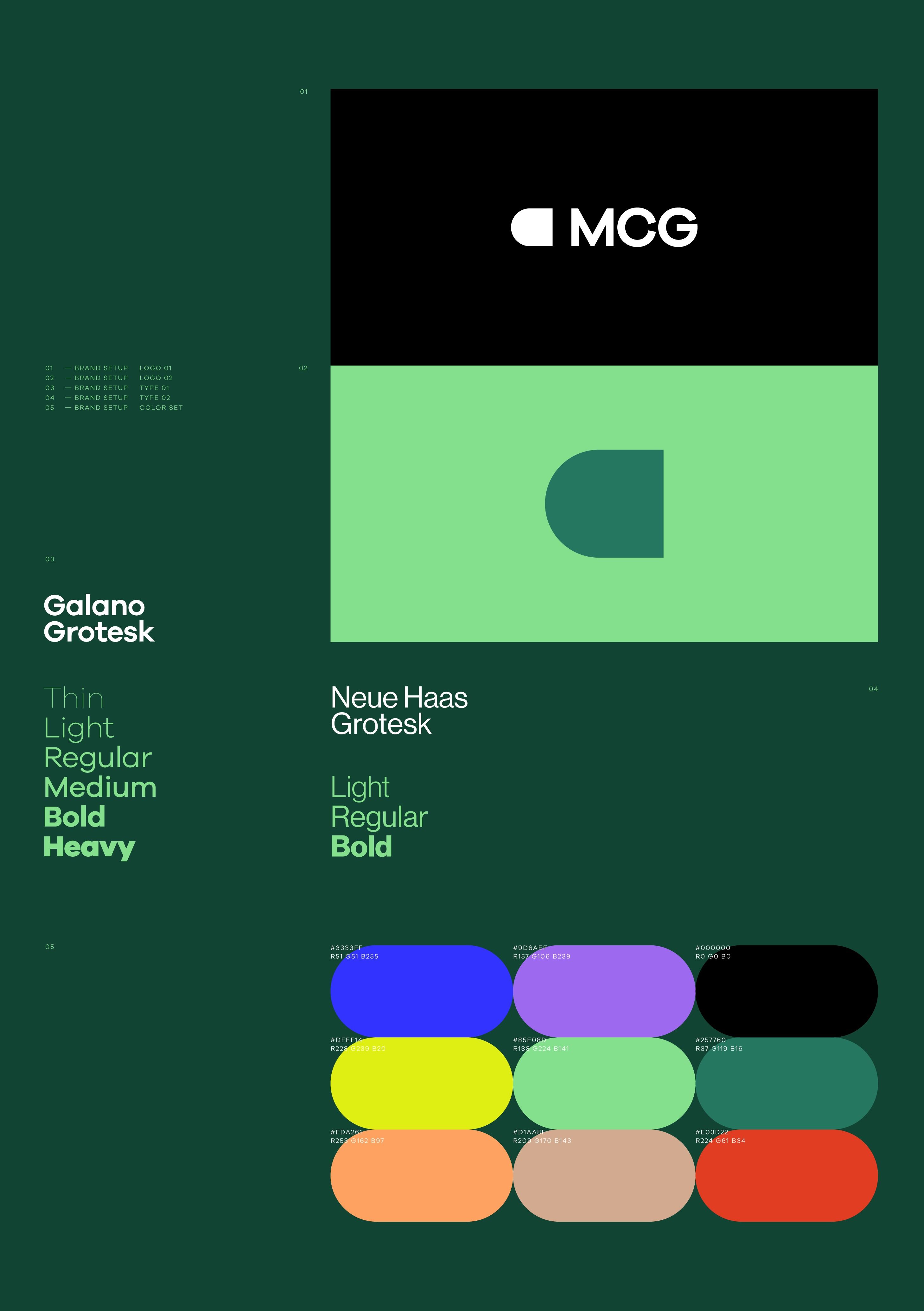 This design demonstrates a highly structured and professional approach to visual identity, utilizing strong contrast between a deep muted green background and clean white text. The layout is meticulously organized, emphasizing clarity, hierarchy, and the systematic pairing of typefaces with distinct color palettes.