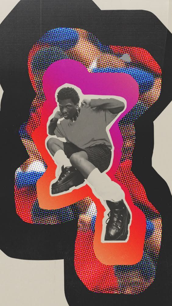 This is a vibrant, abstract graphic featuring a stylized portrait of a person, rendered through a technique that mimics pointillism or digital noise. The design uses bold, layered shapes and a rich, textured color field to create an energetic and modern aesthetic.