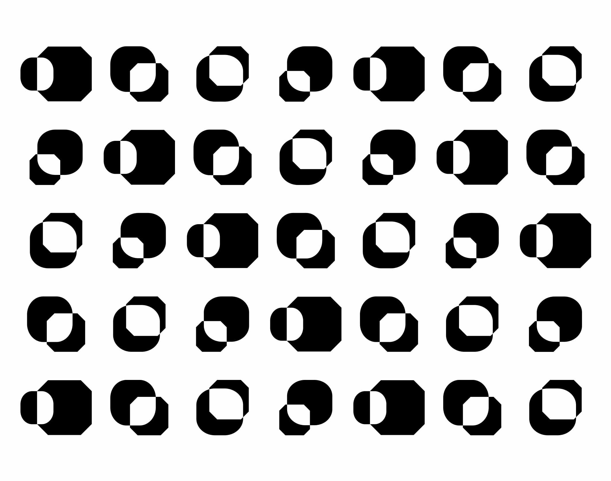 This image presents a grid of abstract, geometric shapes characterized by a stark black and white dichotomy. The design relies on negative space and overlapping forms to create visual rhythm and subtle depth, suggesting a modular or pattern-based system.