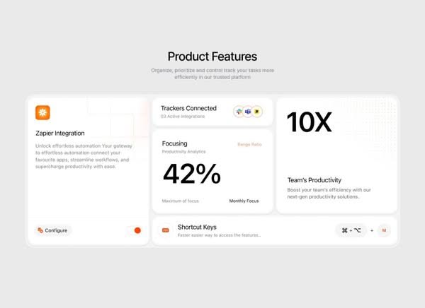 The design employs a clean, minimalist aesthetic characterized by ample white space and clear card-based segmentation for presenting product features. The visual language is professional and data-focused, relying on strong typography and subtle accent colors to guide the user experience.