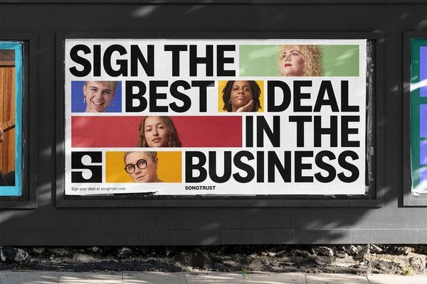 This is a bold, high-contrast billboard or sign design utilizing a grid layout to feature diverse individuals alongside strong, capitalized text. The design employs a clean, modern aesthetic with clear segmentation to emphasize the concept of a 'best deal.'