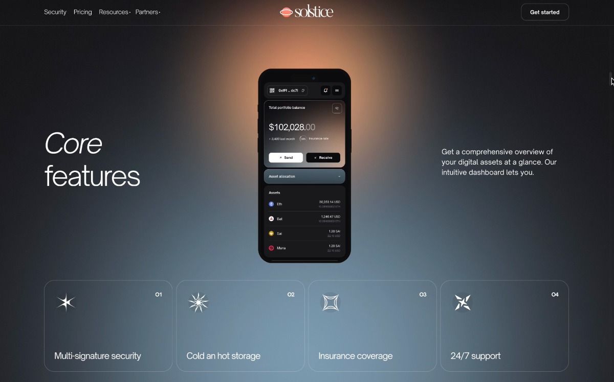 This design utilizes a sophisticated dark mode aesthetic, employing subtle gradients and high contrast to create a professional and secure feel. The visual language is clean and minimalist, focusing attention on key data points and feature cards through balanced spatial arrangement.