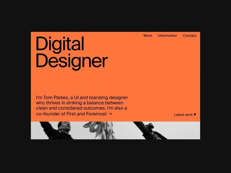 A bold, contemporary portfolio website featuring a vibrant orange hero section with clean typography and a minimalist navigation bar. The design combines striking color contrast with grayscale imagery, establishing a modern professional aesthetic that emphasizes clarity and visual hierarchy.