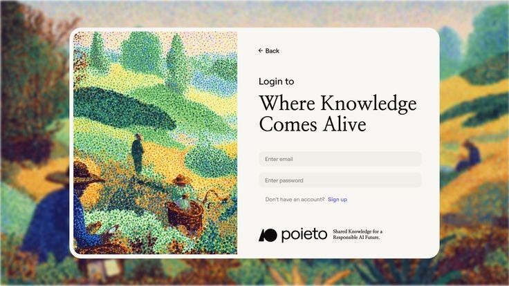 The design effectively blends a rich, painterly natural landscape background with a clean, minimalist user interface. This juxtaposition creates an immersive and organic feel while clearly presenting the functional task of logging in.