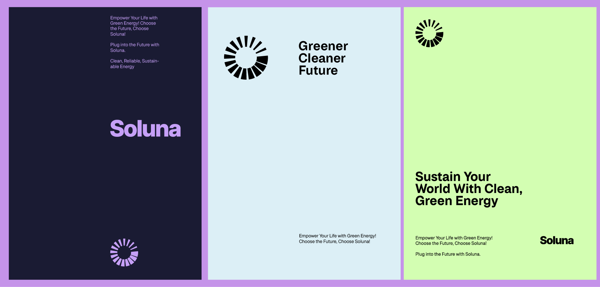 The design utilizes a clean, minimalist aesthetic with a focus on negative space and subtle gradients to convey a sense of modern, sustainable innovation. The layout is balanced across three distinct panels, employing strong geometric shapes to represent concepts like energy and future.