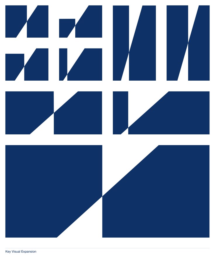 This image presents a stark, geometric composition using solid blocks of dark blue against a white background. The design relies heavily on negative space and the interplay between solid shapes and implied lines to create a modern, structured aesthetic.