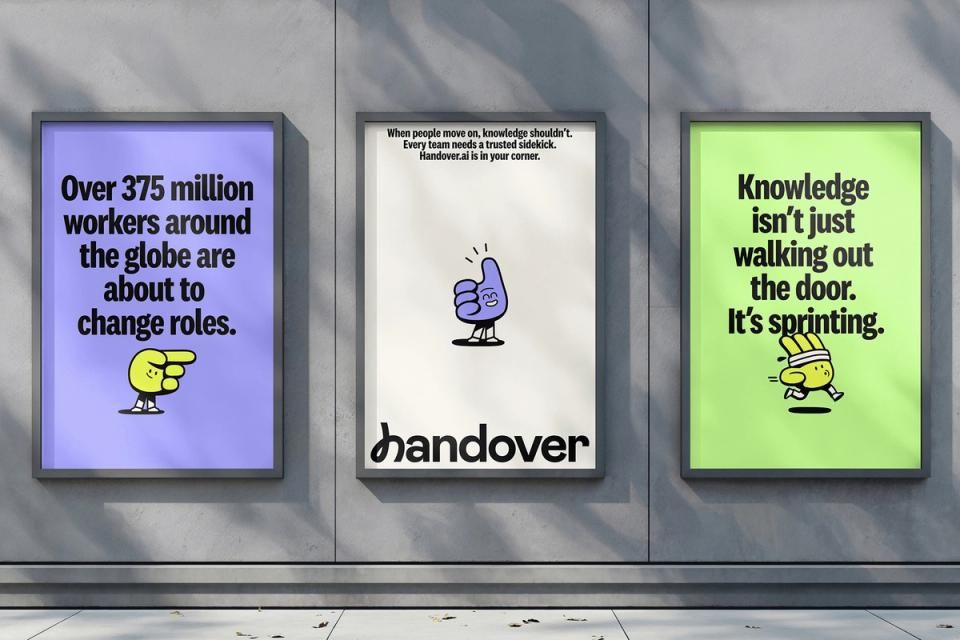 This is a clean, modern display featuring three distinct informational posters arranged in a grid layout. The design employs strong color blocking and minimalist iconography to convey professional, forward-thinking messages about knowledge transfer and workforce changes.