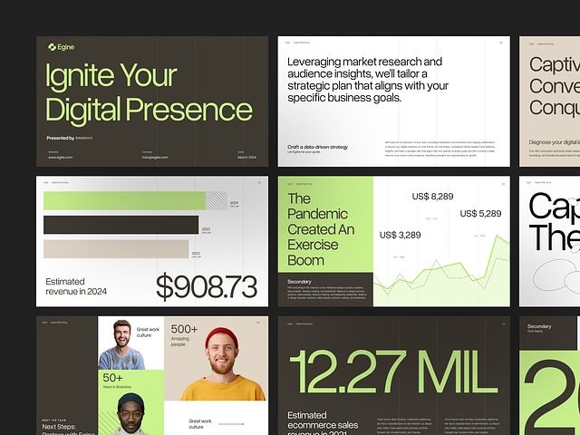A modern, multi-panel digital marketing presentation showcasing data-driven insights and business metrics through a cohesive design system. The layout combines bold typography, strategic use of lime green accents, and clean information hierarchy across various content cards. The visual language emphasizes contemporary digital marketing practices with a professional yet approachable aesthetic.