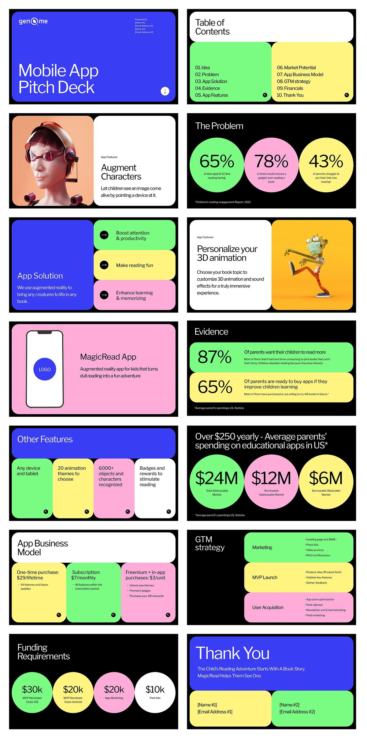 This pitch deck utilizes a clean, modular grid layout with strong color blocking to present data and features clearly. The visual language is modern and corporate, relying on high contrast between bright accent colors and dark backgrounds to ensure readability and impact.