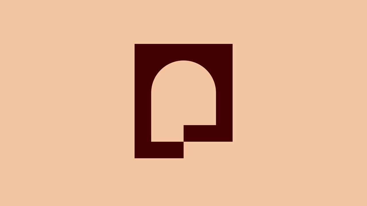 The image features a minimalist, geometric logo design characterized by clean lines and negative space. It employs a solid, deep maroon color against a muted beige background to create a sophisticated and understated visual identity.