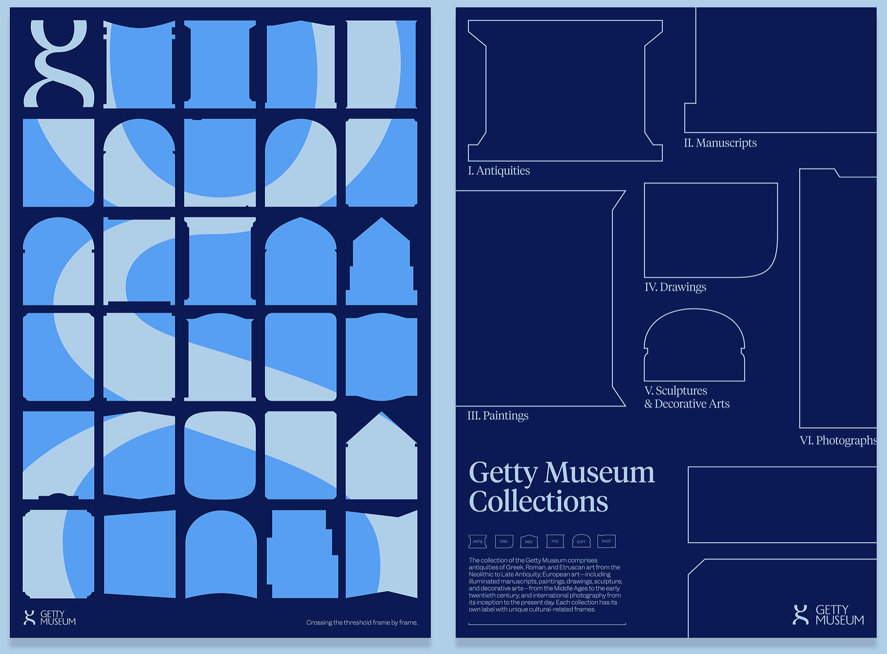 This design utilizes a clean, geometric grid to organize museum collections, employing a cool blue palette to evoke a sense of scholarly authority and historical preservation. The visual language is highly structured, relying on precise lines and muted tones to create a refined and academic feel.