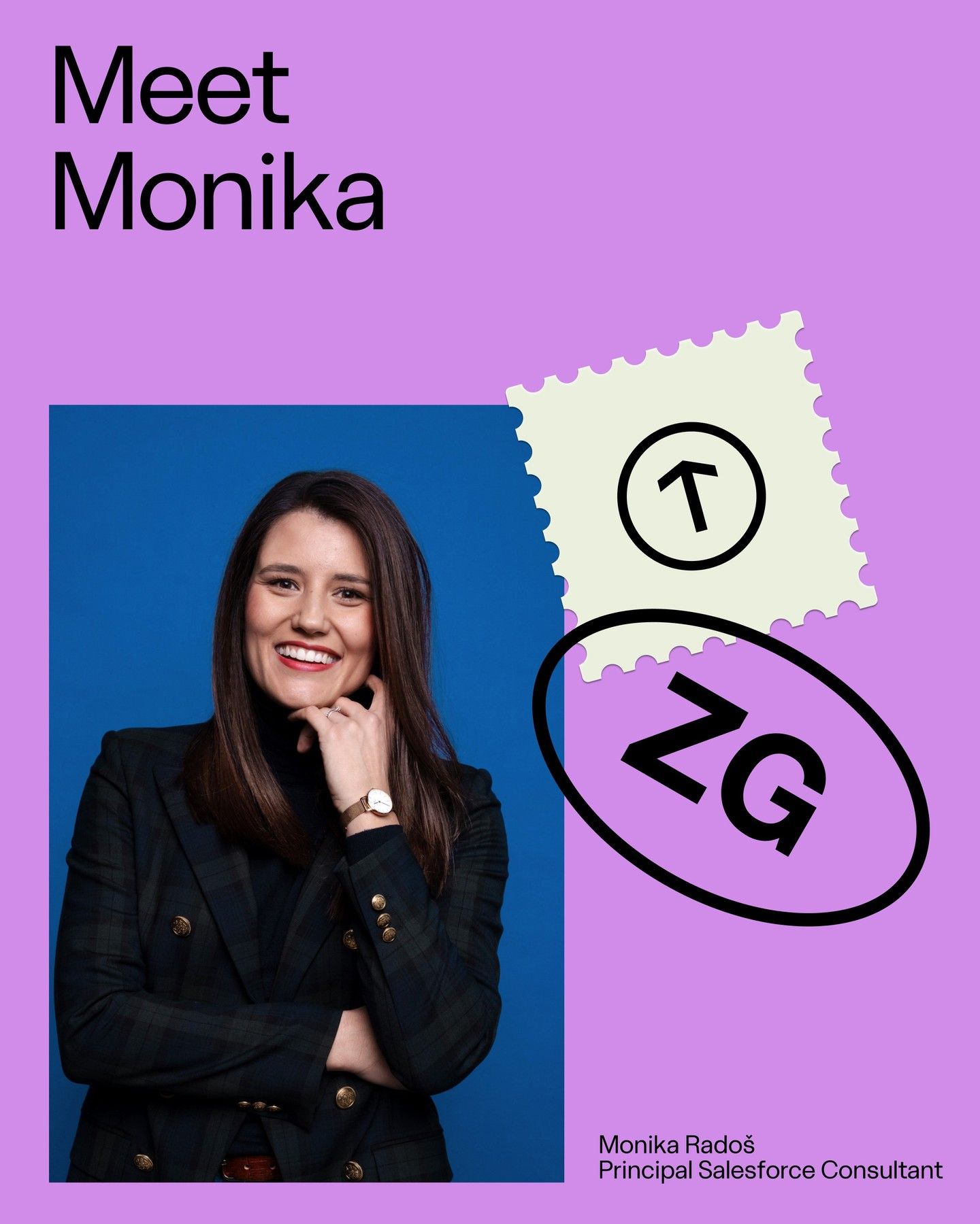 A vibrant, contemporary profile card featuring a professional portrait of Monika against a bold purple background, complemented by playful geometric shapes and hand-drawn design elements. The layout combines corporate professionalism with modern, approachable design language, creating a dynamic and engaging visual presentation.